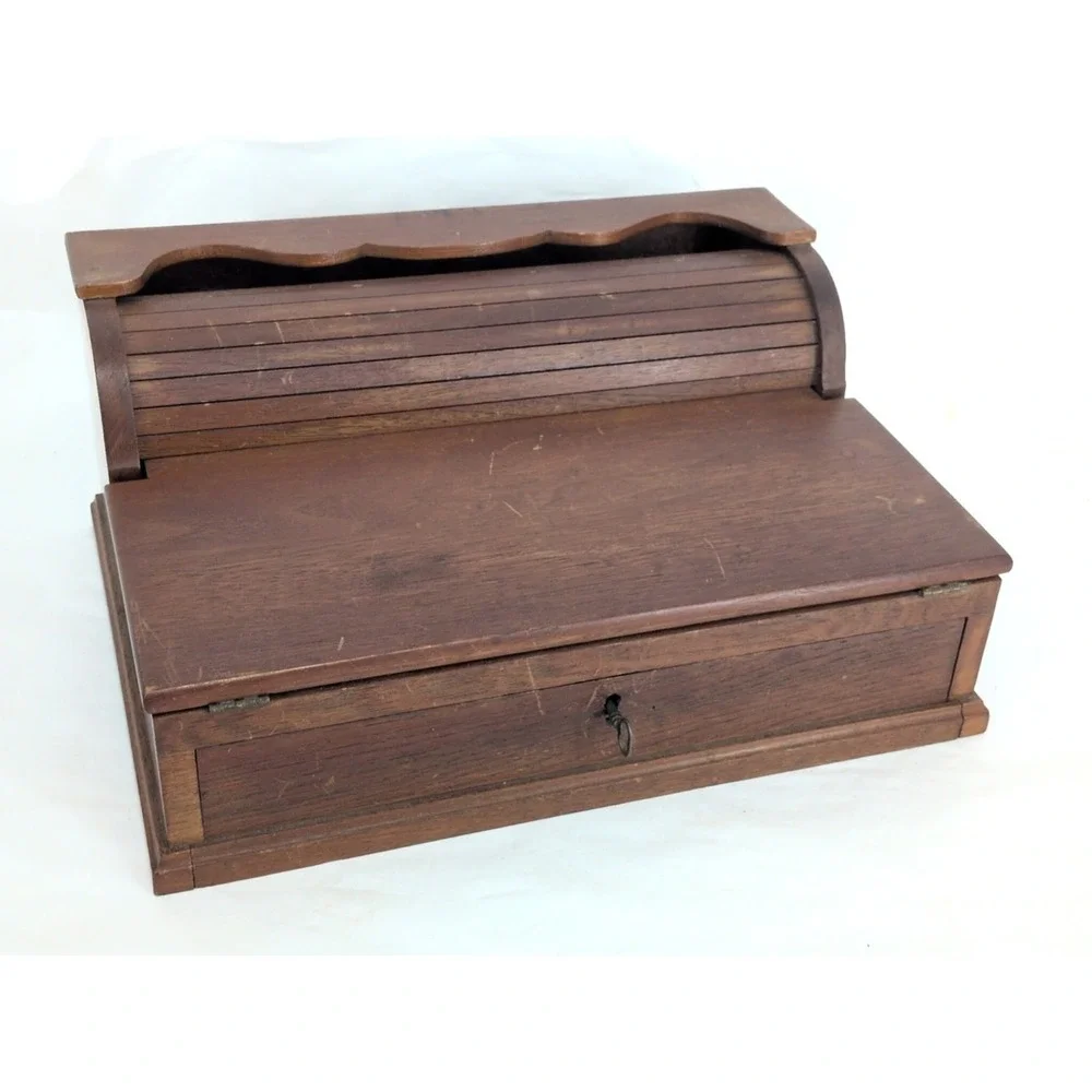 Antique Travel Desk Lap Writing Box Tambour Rolltop With Key And Glass Inkwell
